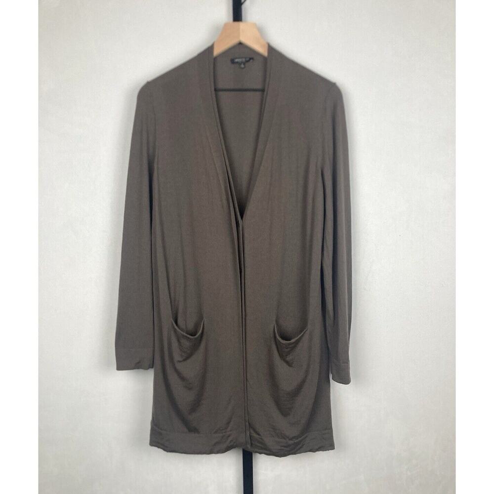 Lafayette 148 Long Cardigan 100% Wool Sz L Brown V-Neck Button Front Pockets